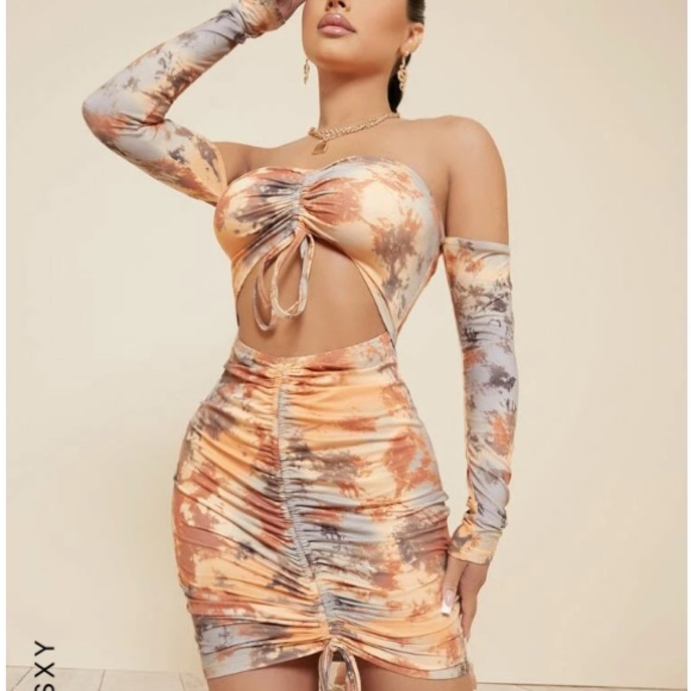 Off Shoulder Drawstring Ruched Hem Dress